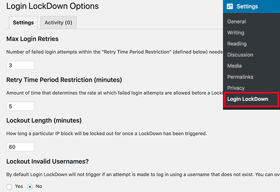 Настройки Login LockDown